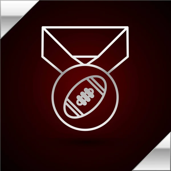 Pelota de fútbol americano de línea plateada con icono de medalla aislado sobre fondo rojo oscuro. Ilustración vectorial — Archivo Imágenes Vectoriales