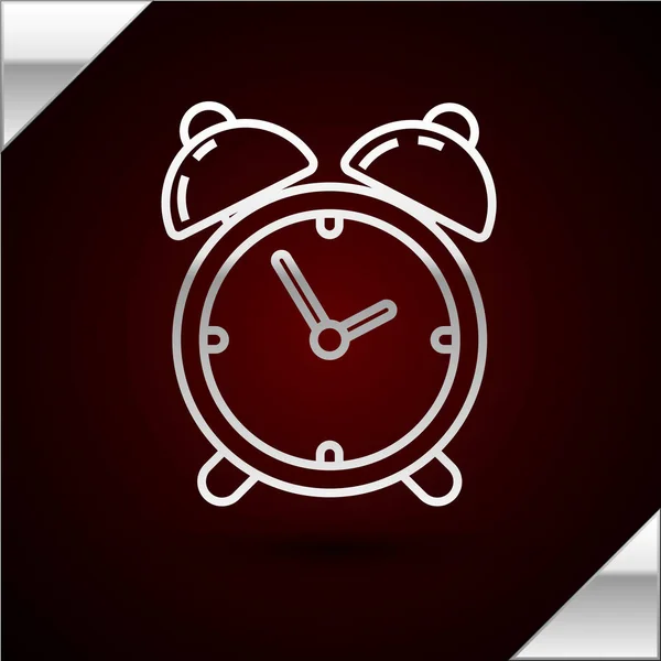 Línea de plata Icono de reloj despertador aislado sobre fondo rojo oscuro. Despierta, levántate concepto. Señal de tiempo. Ilustración vectorial — Vector de stock