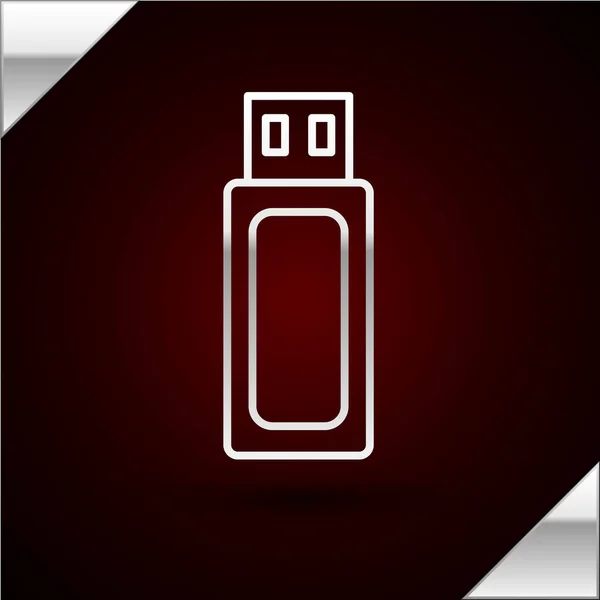 Ícone de unidade flash USB de linha de prata isolado no fundo vermelho escuro. Ilustração vetorial — Vetor de Stock