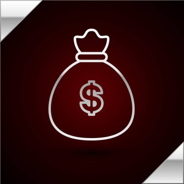 Gümüş çizgi Para Çantası simgesi koyu kırmızı arka planda izole. Dolar ya da Usd sembolü. Nakit bankacılık tabelası. Vektör İllüstrasyonu