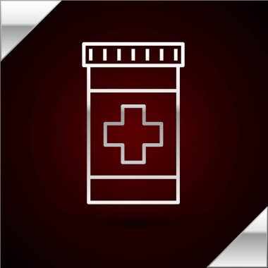 Gümüş çizgili ilaç şişesi ikonu koyu kırmızı arka planda izole edilmiş. Şişe hapı işareti. Eczane tasarımı. Vektör İllüstrasyonu