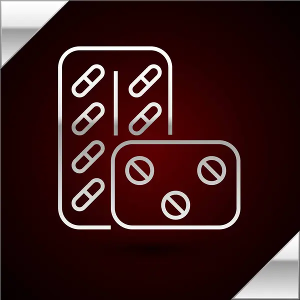 Silver line Pills em blister pack ícone isolado no fundo vermelho escuro. Pacote de drogas médicas para a vitamina tablet, antibiótico, aspirina. Ilustração vetorial — Vetor de Stock