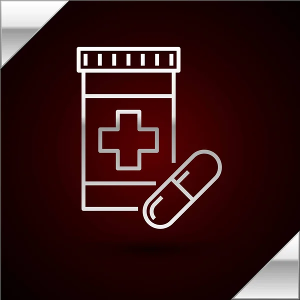 银线药瓶和药丸图标隔离在深红色背景。 瓶装药丸标志。 药房设计。 病媒图解 — 图库矢量图片