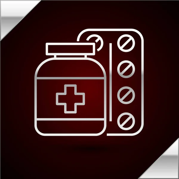 Silver line Medicine bottle and pills icon isolated on dark red background. Bottle pill sign. Pharmacy design. Vector Illustration — Stock Vector