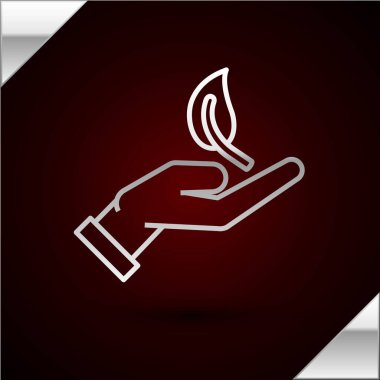 Çevre koruma ikonunun elindeki gümüş çizgi koyu kırmızı arka planda izole edilmiş. Tohum ve tohum. Fidan dikiyorum. Ekoloji konsepti. Vektör İllüstrasyonu