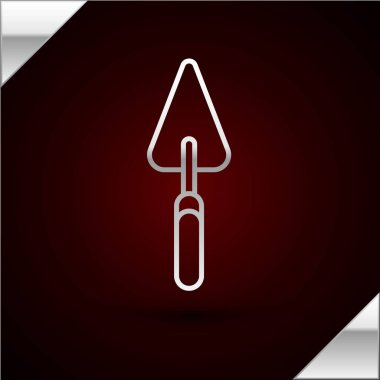 Gümüş çizgi bahçe küreği ya da kürek ikonu koyu kırmızı arka planda izole edilmiş. Bahçe aletleri. Bahçecilik, tarım, çiftçilik aleti. Vektör İllüstrasyonu