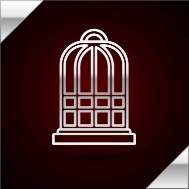 Koyu kırmızı arka planda izole edilmiş kuş simgesi için gümüş çizgi kafesi. Vektör İllüstrasyonu
