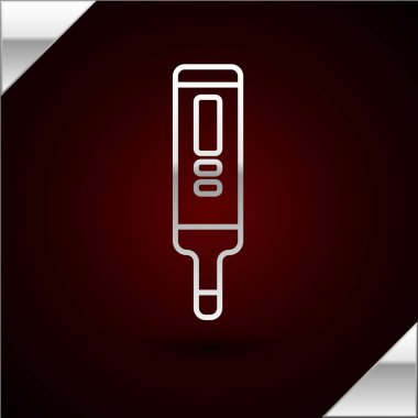 Tıbbi muayene ikonu için gümüş çizgili dijital termometre koyu kırmızı arka planda izole edildi. Vektör İllüstrasyonu