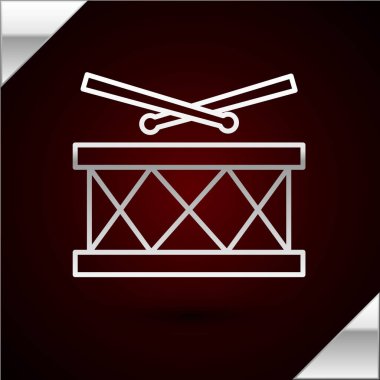 Gümüş çizgili Drum ve baget çubukları simgesi koyu kırmızı arka planda izole edilmiş. Müzik işareti. Müzik aleti sembolü. Vektör İllüstrasyonu