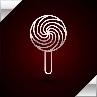 Gümüş çizgili lolipop ikonu koyu kırmızı arka planda izole edilmiş. Yemek, lezzetli bir sembol. Vektör İllüstrasyonu