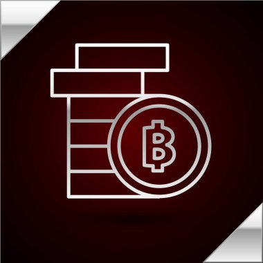 Gümüş çizgi Kripto Para Simgesi Bitcoin simgesi koyu kırmızı arka planda izole edildi. Madeni para. Engelleme zinciri tabanlı şifreli para birimi. Vektör İllüstrasyonu