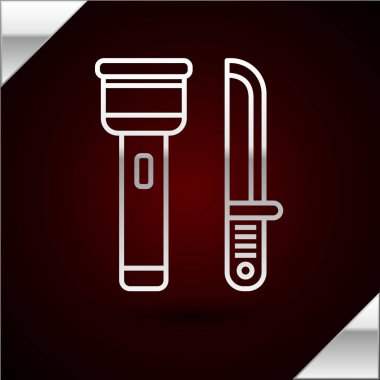 Gümüş çizgili fener ve bıçak ikonu koyu kırmızı arka planda izole edilmiş. Vektör İllüstrasyonu