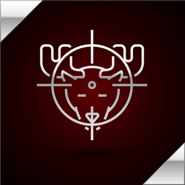 Gümüş çizgili Hunt geyik üzerinde koyu kırmızı arka planda izole edilmiş hedef simgesi ile. Geyik ve hedefli av kulübü logosu. Tüfek merceği bir geyiği hedef alıyor. Vektör İllüstrasyonu