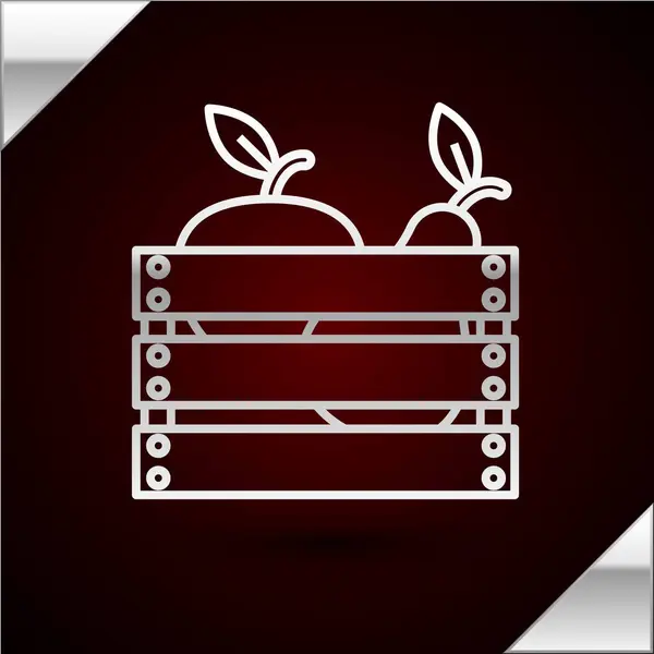 Línea de plata Caja de madera para frutas y verduras icono aislado sobre fondo rojo oscuro. Ilustración vectorial — Vector de stock