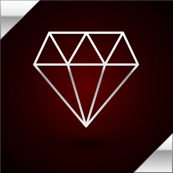Icono Diamond línea plata aislado sobre fondo rojo oscuro. Símbolo joyería. Piedra de gema. Ilustración vectorial — Archivo Imágenes Vectoriales