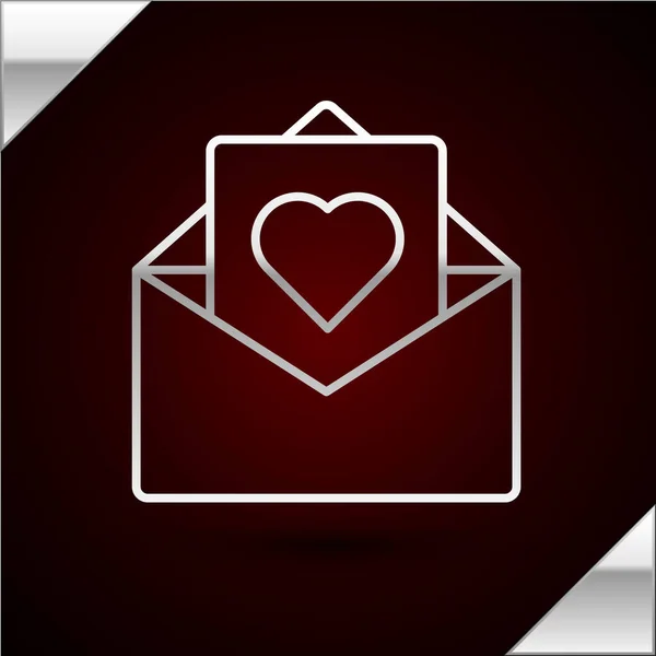 Stříbrná linka obálka s ikonou Valentýna srdce izolované na tmavočerveném pozadí. Láska ke vzkazu. Dopis s láskou a romantikou. Vektorová ilustrace — Stockový vektor