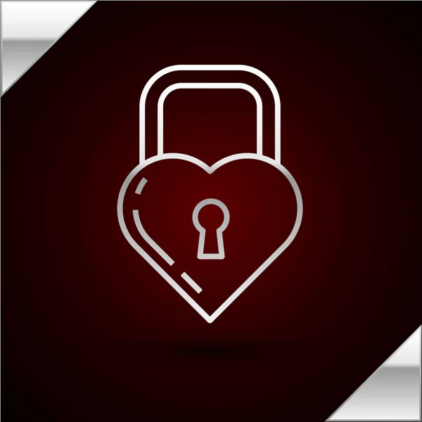 Ασημένια γραμμή Κάστρο σε σχήμα εικόνας καρδιά που απομονώνονται σε σκούρο κόκκινο φόντο. Κλειδωμένη καρδιά. Σύμβολο αγάπης και σημάδι κλειδαρότρυπα. Εικονογράφηση διανύσματος — Διανυσματικό Αρχείο