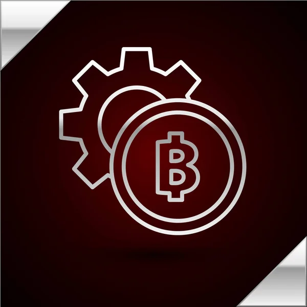 Ligne d'argent Crypto-monnaie pièce icône Bitcoin isolé sur fond rouge foncé. Réglage de vitesse et Bitcoin. Blockchain basé crypto-monnaie sécurisée. Illustration vectorielle — Image vectorielle