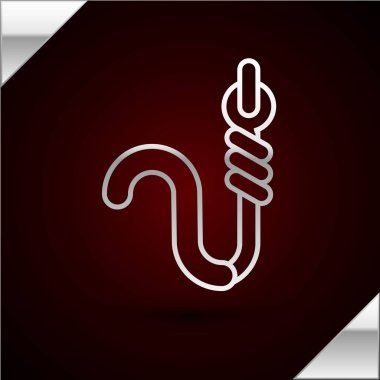 Gümüş çizgili olta ve solucan ikonu koyu kırmızı arka planda izole edilmiş. Balık oltası. Vektör İllüstrasyonu