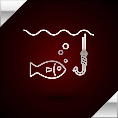 Gümüş çizgili balık oltası, suyun altında, koyu kırmızı arka planda izole edilmiş balık ikonu. Balık oltası. Vektör İllüstrasyonu