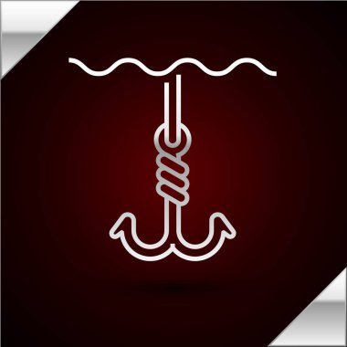 Gümüş çizgili balık oltası, koyu kırmızı arka planda izole edilmiş su ikonunun altında. Balık oltası. Vektör İllüstrasyonu