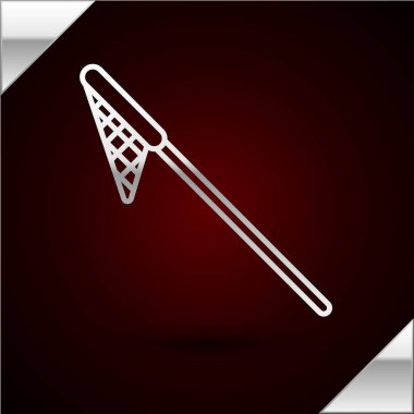 Gümüş çizgili balıkçı ağı simgesi koyu kırmızı arka planda izole edildi. Balık oltası. Vektör İllüstrasyonu