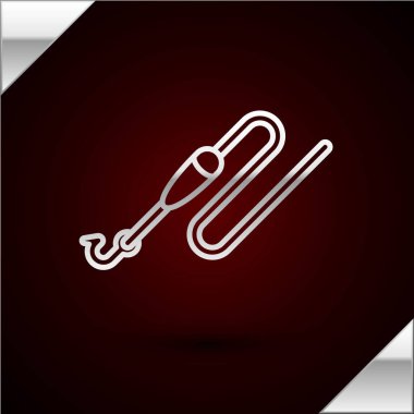 Koyu kırmızı arka planda, kancalı ve yüzen ikonlu gümüş çizgili balık oltası. Balık oltası. Vektör İllüstrasyonu