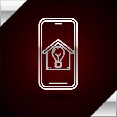 Akıllı evi olan gümüş çizgili cep telefonu ve koyu kırmızı arka planda izole edilmiş ampul ikonu. Vektör İllüstrasyonu