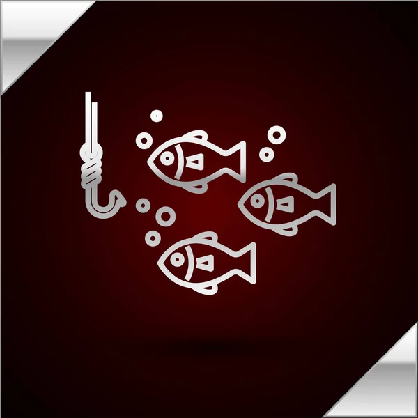 Línea de plata Gancho de pesca bajo el agua con icono de pescado aislado sobre fondo rojo oscuro. Aparejos de pesca. Ilustración vectorial — Vector de stock