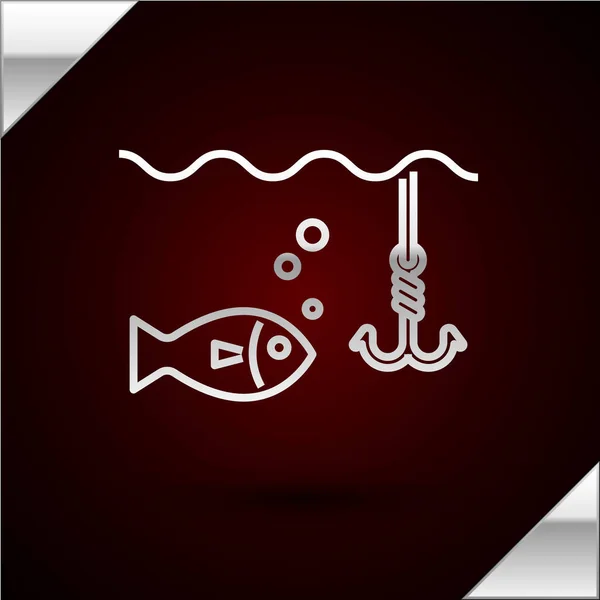 Línea de plata Gancho de pesca bajo el agua con icono de pescado aislado sobre fondo rojo oscuro. Aparejos de pesca. Ilustración vectorial — Vector de stock