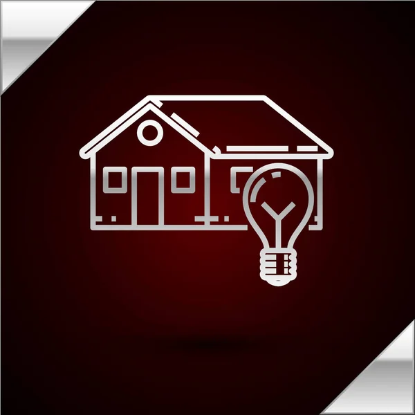 Linea argento Smart house e lampadina icona isolata su sfondo rosso scuro. Illustrazione vettoriale — Vettoriale Stock