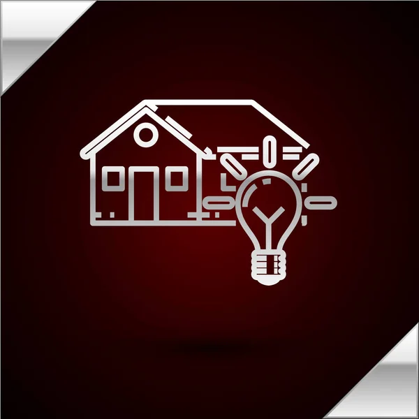 Linea argento Smart house e lampadina icona isolata su sfondo rosso scuro. Illustrazione vettoriale — Vettoriale Stock