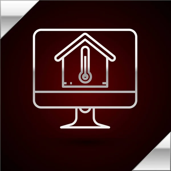 Línea plateada Monitor de ordenador con icono de temperatura de la casa aislado sobre fondo rojo oscuro. Icono del termómetro. Ilustración vectorial — Vector de stock