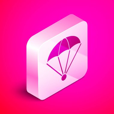 Pembe arka planda izole edilmiş Isome Paraşüt simgesi. Gümüş kare düğme. Vektör İllüstrasyonu