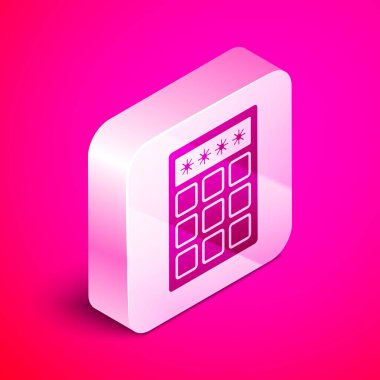 Pembe arka planda Isometric Parola koruması ve güvenlik erişim simgesi izole edildi. Güvenlik, güvenlik, koruma, gizlilik kavramı. Gümüş kare düğme. Vektör İllüstrasyonu