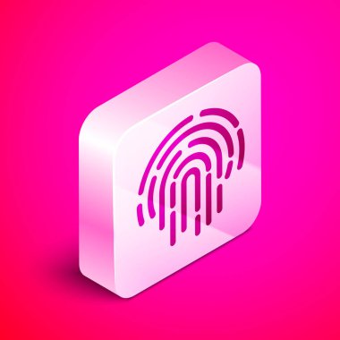 Pembe arka planda izole edilmiş Isome Parmak izi simgesi. Kimlik uygulama simgesi. Kimlik işareti. Kimliğe dokun. Gümüş kare düğme. Vektör İllüstrasyonu