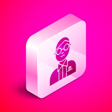 Pembe arka planda izole edilmiş Isome bilim adamı simgesi. Gümüş kare düğme. Vektör İllüstrasyonu