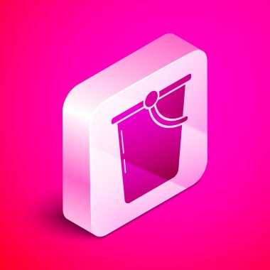 İzometrik Kova simgesi pembe arka plan üzerinde izole. Gümüş kare düğme. Vektör İllüstrasyonu