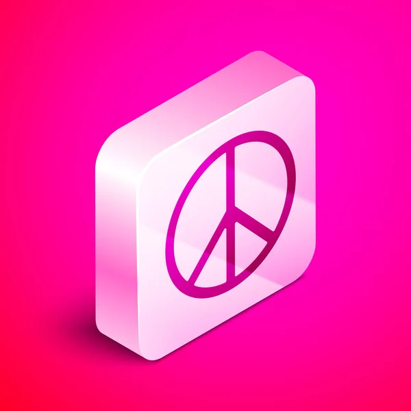 Isometric Peace icon isolated on pink background. Hippie symbol of peace. Silver square button. Vector Illustration — Stock Vector