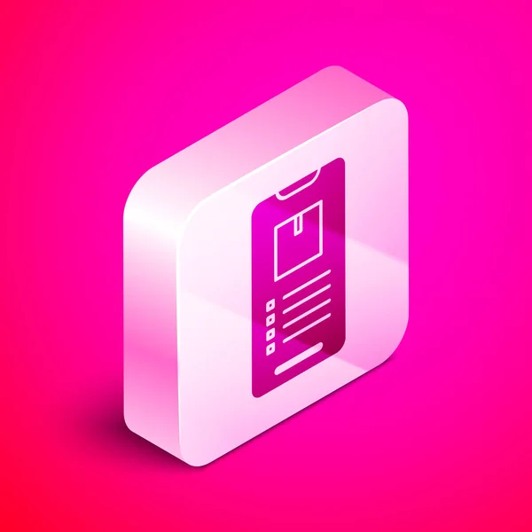 Изометрический мобильный смартфон с иконкой отслеживания доставки приложения, выделенной на розовом фоне. Отслеживание посылок. Серебряная кнопка. Векторная миграция — стоковый вектор