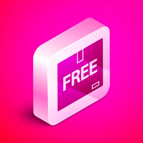 Isometrisk kartong med gratis symbol ikon isolerad på rosa bakgrund. Lådan, paketet, paketskylten. Leverans, transport och frakt. Silverfyrkantig knapp. Vektor Illustration — Stock vektor