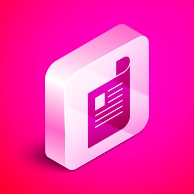 Pembe arka planda yalıtılmış İzometrik Belge simgesi. Dosya simgesi. Denetim listesi simgesi. İş konsepti. Gümüş kare düğme. Vektör İllüstrasyonu