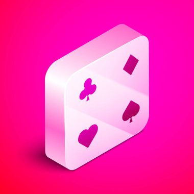 İzometrik Isometrik Oyun kartları simgesi pembe arka planda yalıtılmış. Kumarhane kumarı. Gümüş kare düğme. Vektör İllüstrasyonu