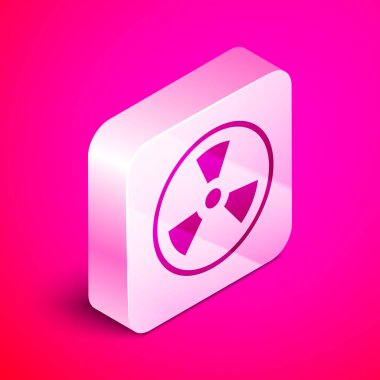 Pembe arka planda izole edilmiş Isome radyoaktif simge. Radyoaktif zehirli sembol. Radyasyon tehlikesi işareti. Gümüş kare düğme. Vektör İllüstrasyonu