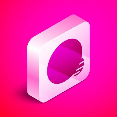 Pembe arka planda izole edilmiş Isometric Planet simgesi. Gümüş kare düğme. Vektör İllüstrasyonu
