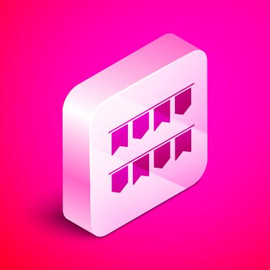 Pembe arka plan üzerinde izole bayraklar simgesi ile İzometrik Karnaval çelenk. Doğum günü kutlaması, festival ve adil dekorasyon için parti pennants. Gümüş kare düğme. Vektör İllüstrasyonu