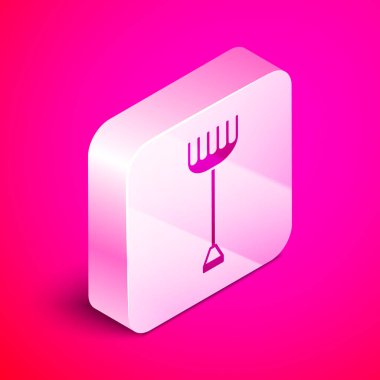 İzometrik Bahçe tırmık simgesi pembe arka plan üzerinde izole. Bahçecilik, tarım, tarım için bir araç. Yer kültivatör. Temizlik ekipmanları. Gümüş kare düğme. Vektör İllüstrasyonu