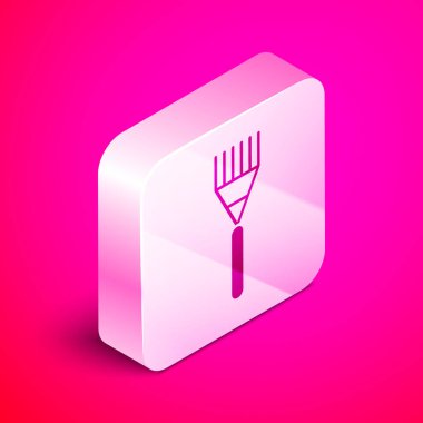 İzometrik Bahçe tırmık simgesi pembe arka plan üzerinde izole. Bahçecilik, tarım, tarım için bir araç. Yer kültivatör. Temizlik ekipmanları. Gümüş kare düğme. Vektör İllüstrasyonu