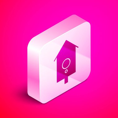 Pembe arka planda izole edilmiş Isometric Retro duvar izleme simgesi. Guguklu saat işareti. Antika sarkaçlı saat. Gümüş kare düğme. Vektör İllüstrasyonu