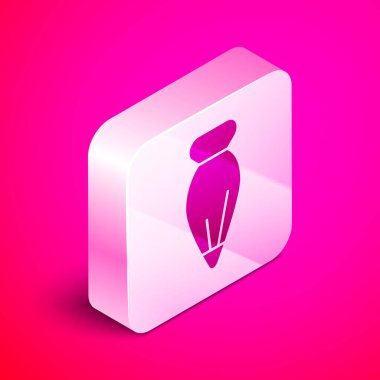 Pembe arka planda izole edilmiş krema ikonlu kekler için Isometric Pastacılık poşeti. Mutfak gereçleri ve aletler. Gümüş kare düğme. Vektör İllüstrasyonu
